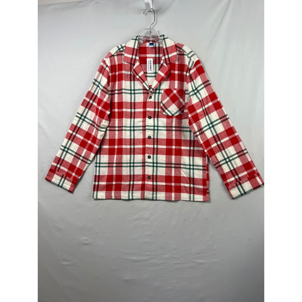 Old Navy Pajama Top Mens Medium Red Green Plaid New Cotton Flannel Button